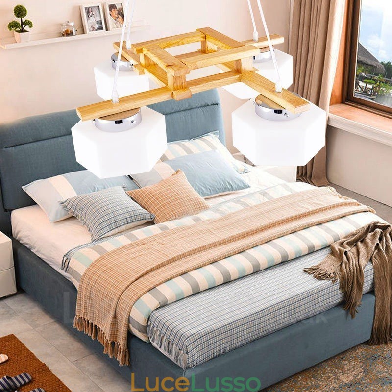 Lampada a sospensione moderna in stile nordico contemporaneo in legno chiaro con paralume in vetro