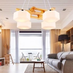 Lampada a sospensione moderna in stile nordico contemporaneo in legno chiaro con paralume in vetro