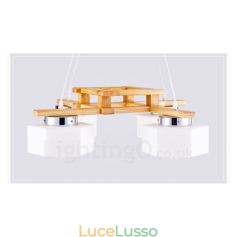 Lampada a sospensione moderna in stile nordico contemporaneo in legno chiaro con paralume in vetro
