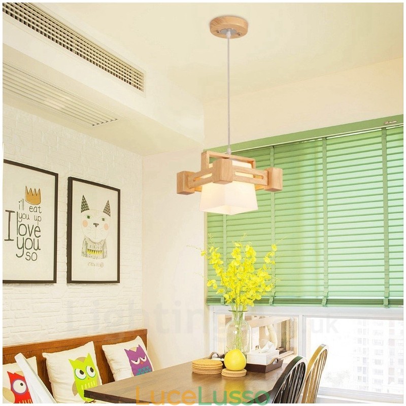 1 lampada a sospensione moderna in stile nordico contemporaneo in legno chiaro con paralume in tessuto
