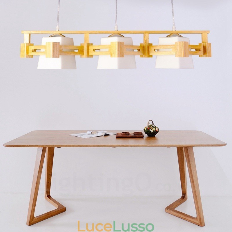 Lampada a sospensione moderna in stile nordico contemporaneo in legno chiaro con paralume in tessuto