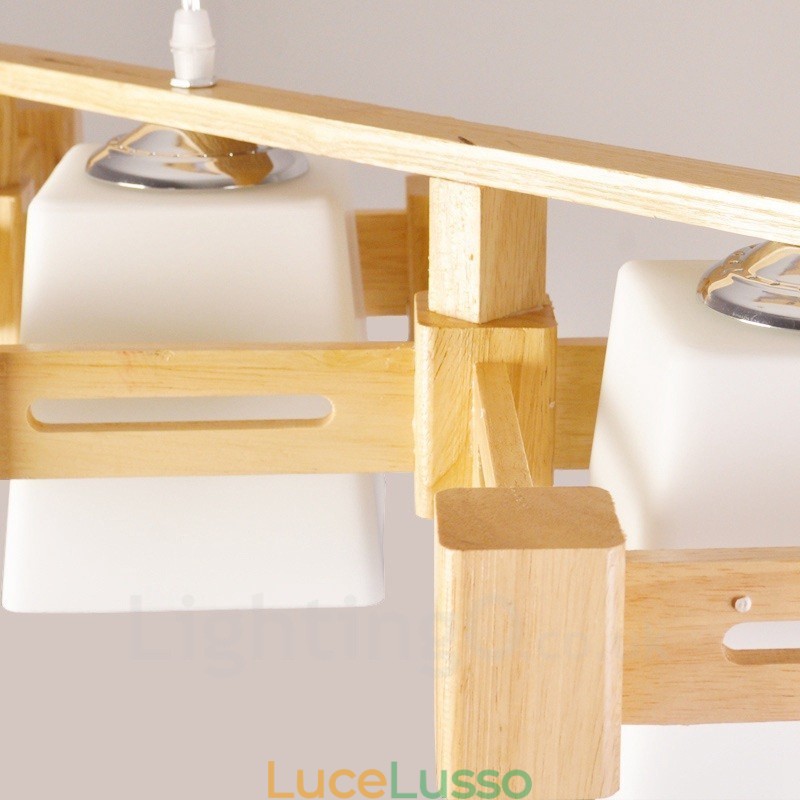 Lampada a sospensione moderna in stile nordico contemporaneo in legno chiaro con paralume in tessuto