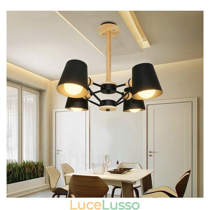 Lampada a sospensione moderna in stile nordico contemporaneo in legno chiaro con paralume in ferro