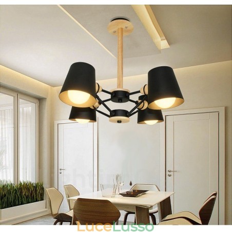 Lampada a sospensione moderna in stile nordico contemporaneo in legno chiaro con paralume in ferro Lampada a sospensione moderna in stile nordico contemporaneo in legno chiaro con paralume in ferro