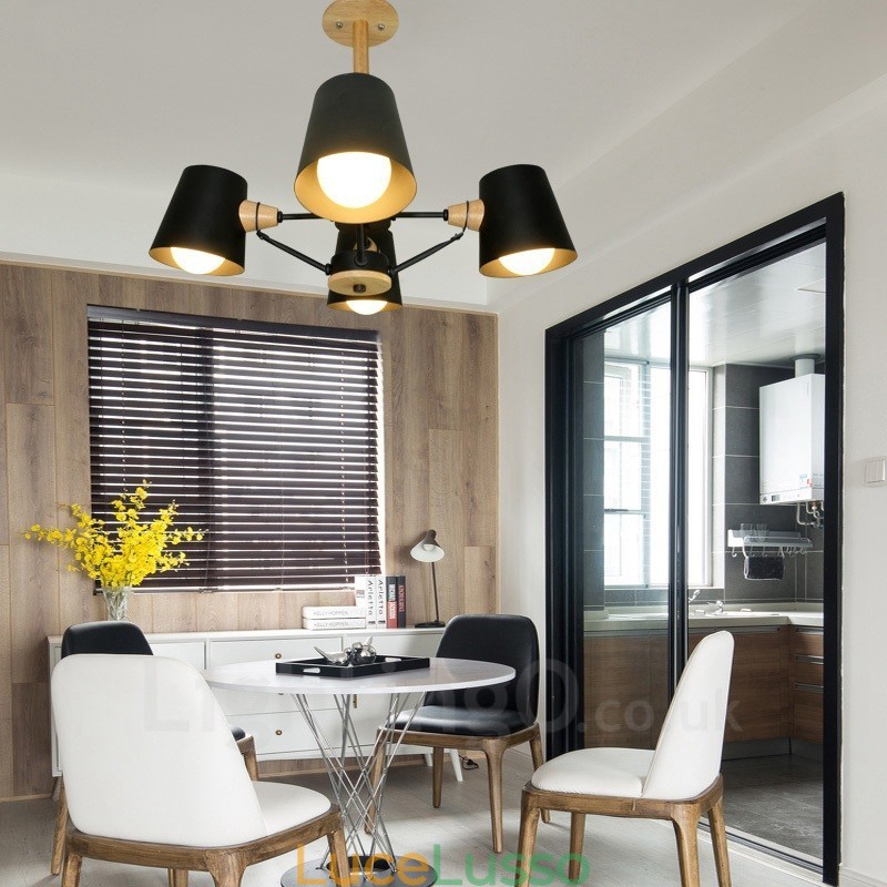 Lampada a sospensione moderna in stile nordico contemporaneo in legno chiaro con paralume in ferro