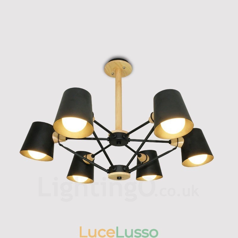 6 Lampada a sospensione moderna in stile nordico contemporaneo in legno chiaro con paralume in ferro