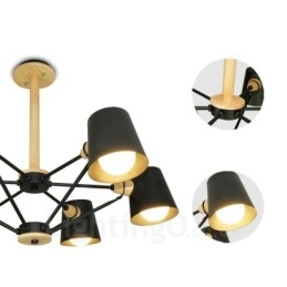 6 Lampada a sospensione moderna in stile nordico contemporaneo in legno chiaro con paralume in ferro