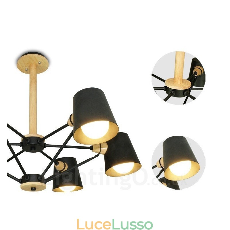 6 Lampada a sospensione moderna in stile nordico contemporaneo in legno chiaro con paralume in ferro
