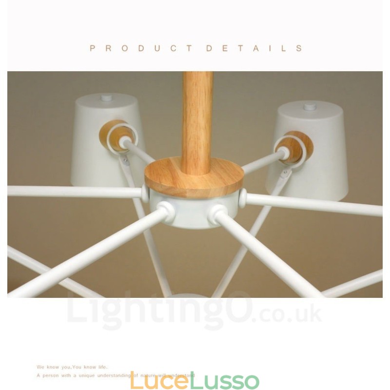 6 Lampada a sospensione moderna in stile nordico contemporaneo in legno chiaro con paralume in ferro
