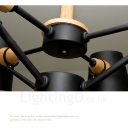 6 Lampada a sospensione moderna in stile nordico contemporaneo in legno chiaro con paralume in ferro