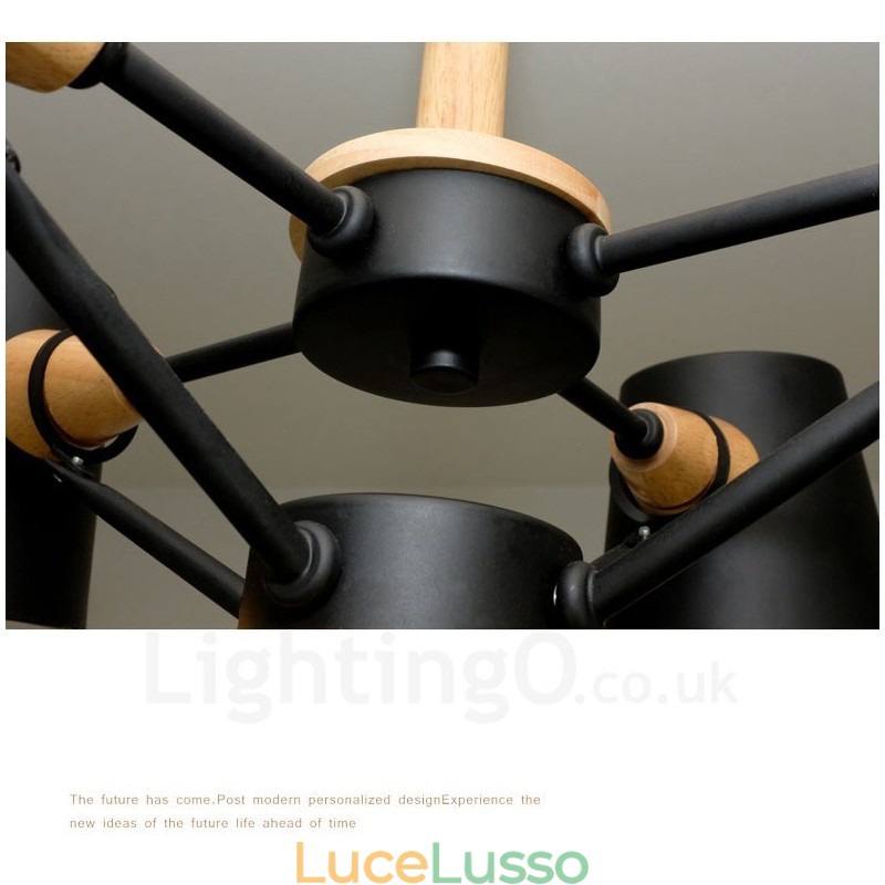 6 Lampada a sospensione moderna in stile nordico contemporaneo in legno chiaro con paralume in ferro
