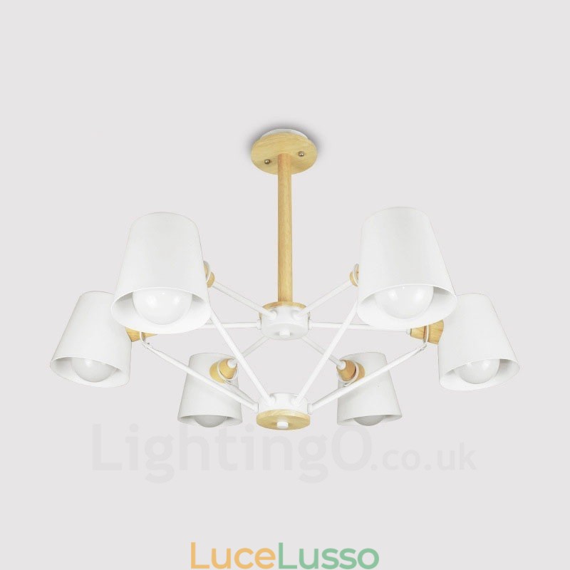 6 Lampada a sospensione moderna in stile nordico contemporaneo in legno chiaro con paralume in ferro