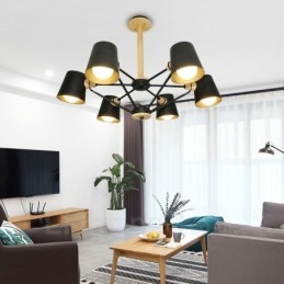 6 Lampada a sospensione moderna in stile nordico contemporaneo in legno chiaro con paralume in ferro