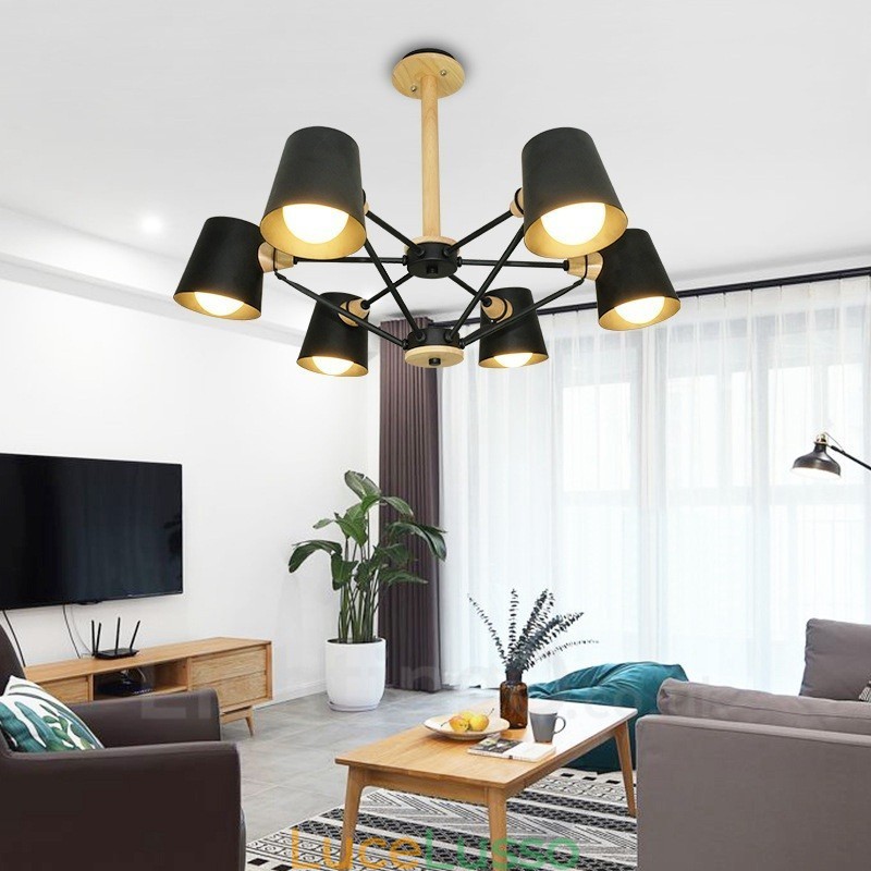 6 Lampada a sospensione moderna in stile nordico contemporaneo in legno chiaro con paralume in ferro