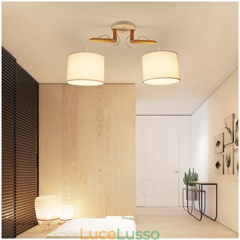 Lampada a sospensione moderna contemporanea in legno chiaro con paralume in tessuto