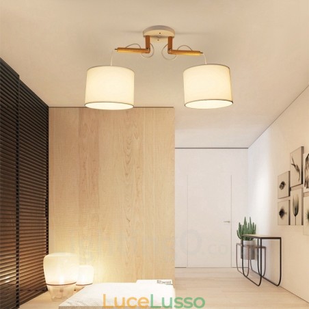 Lampada a sospensione moderna contemporanea in legno chiaro con paralume in tessuto Lampada a sospensione moderna contemporanea in legno chiaro con paralume in tessuto