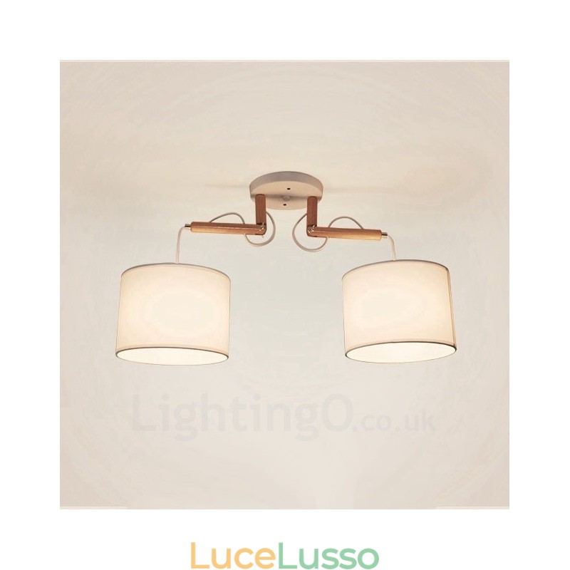 Lampada a sospensione moderna contemporanea in legno chiaro con paralume in tessuto