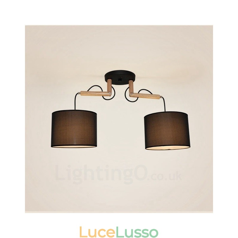 Lampada a sospensione moderna contemporanea in legno chiaro con paralume in tessuto