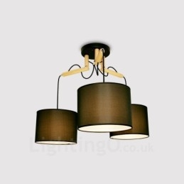 Lampada a sospensione moderna contemporanea in legno a 3 luci con paralume in tessuto
