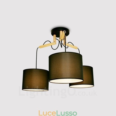 Lampada a sospensione moderna contemporanea in legno a 3 luci con paralume in tessuto Lampada a sospensione moderna contemporanea in legno a 3 luci con paralume in tessuto