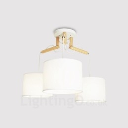 Lampada a sospensione moderna contemporanea in legno a 3 luci con paralume in tessuto