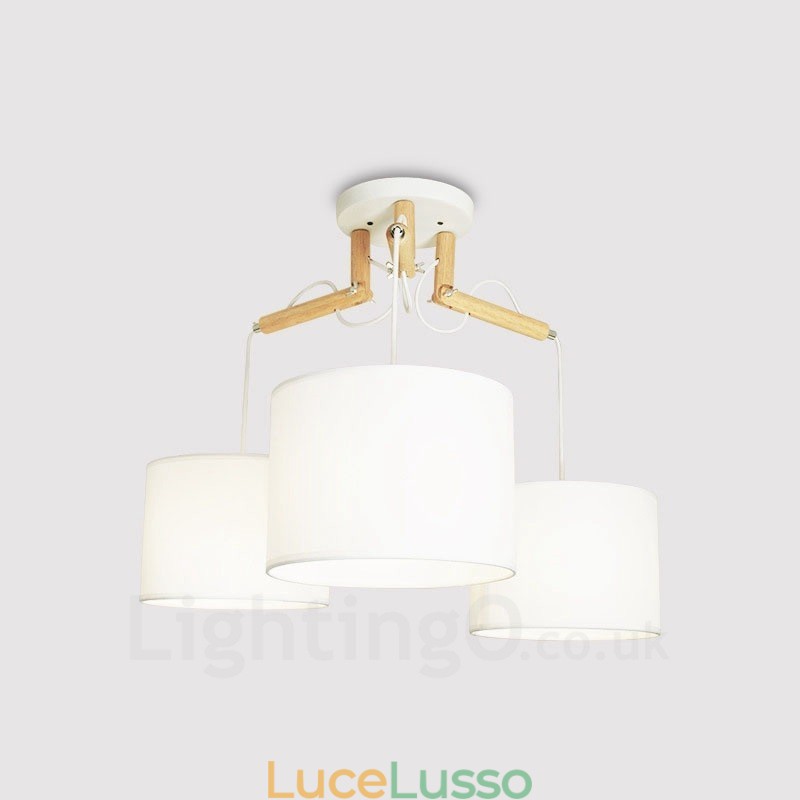 Lampada a sospensione moderna contemporanea in legno a 3 luci con paralume in tessuto