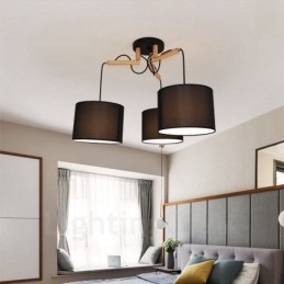 Lampada a sospensione moderna contemporanea in legno a 3 luci con paralume in tessuto