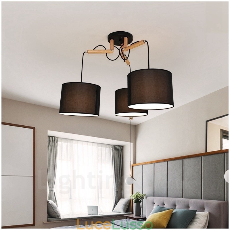 Lampada a sospensione moderna contemporanea in legno a 3 luci con paralume in tessuto
