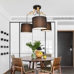 Lampada a sospensione moderna contemporanea in legno a 3 luci con paralume in tessuto