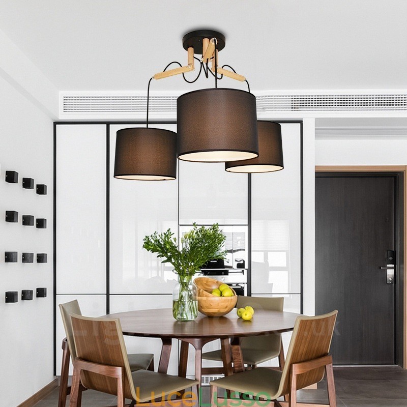 Lampada a sospensione moderna contemporanea in legno a 3 luci con paralume in tessuto