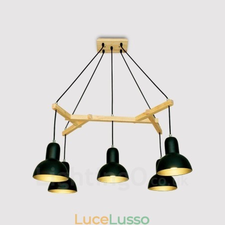 Lampada a sospensione moderna contemporanea in legno a 5 luci con paralume in ferro Lampada a sospensione moderna contemporanea in legno a 5 luci con paralume in ferro
