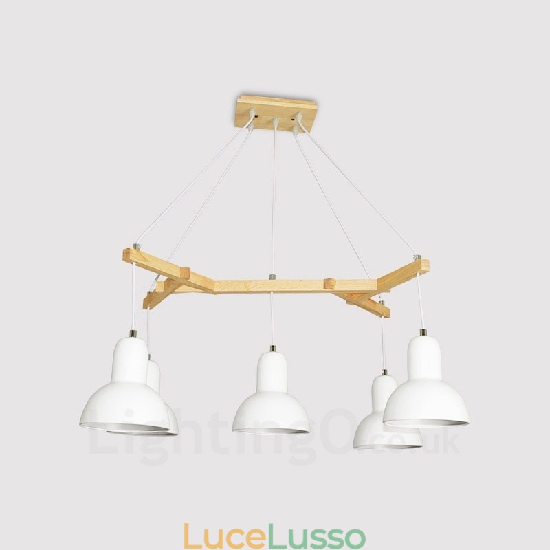 Lampada a sospensione moderna contemporanea in legno a 5 luci con paralume in ferro