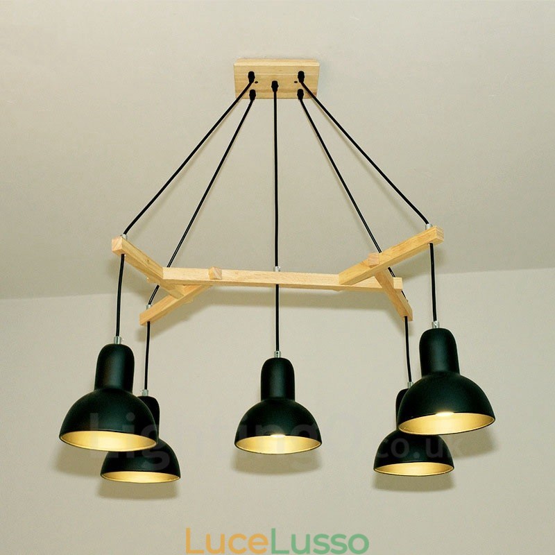 Lampada a sospensione moderna contemporanea in legno a 5 luci con paralume in ferro