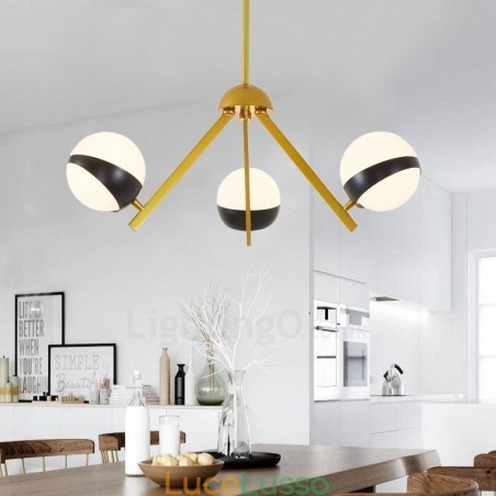 Lampadario a soffitto in stile nordico moderno e contemporaneo a 3 luci con paralume in vetro a sfera bianco e nero Lampadario a soffitto in stile nordico moderno e contemporaneo a 3 luci con paralume in vetro a sfera bianco e nero