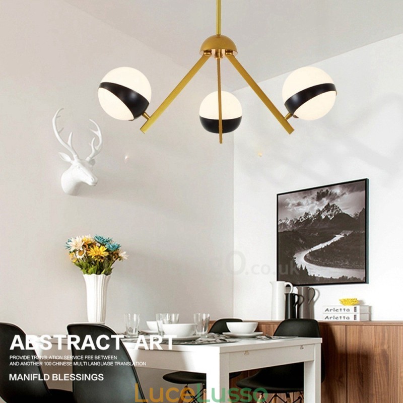 Lampadario a soffitto in stile nordico moderno e contemporaneo a 3 luci con paralume in vetro a sfera bianco e nero