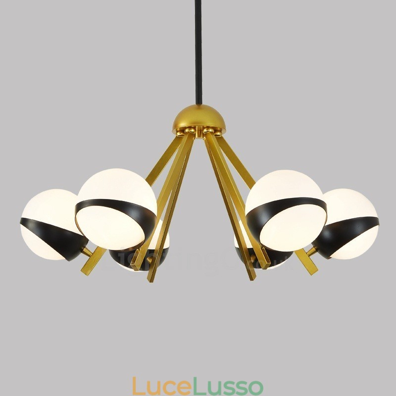 Lampadario a 6 luci in stile nordico moderno e contemporaneo con paralume in vetro a sfera bianco e nero
