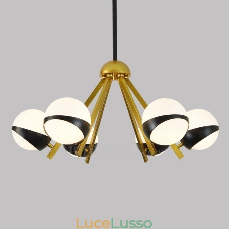 Lampadario a 6 luci in stile nordico moderno e contemporaneo con paralume in vetro a sfera bianco e nero Lampadario a 6 luci in stile nordico moderno e contemporaneo con paralume in vetro a sfera bianco e nero