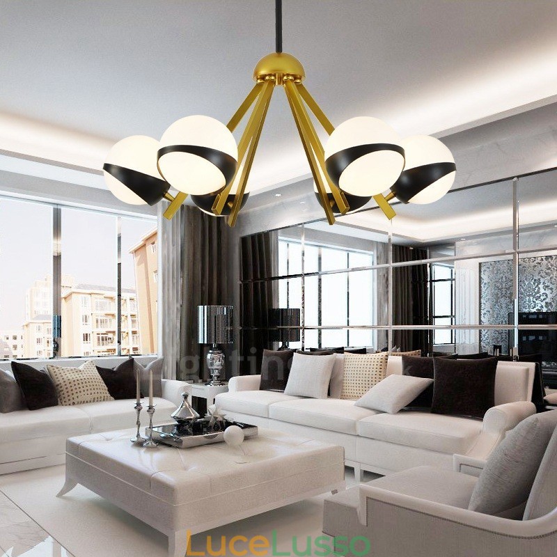 Lampadario a 6 luci in stile nordico moderno e contemporaneo con paralume in vetro a sfera bianco e nero