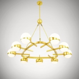 Lampadario a 9 luci in stile nordico moderno e contemporaneo, placcato in rame, con paralume in vetro a sfera bianco e oro