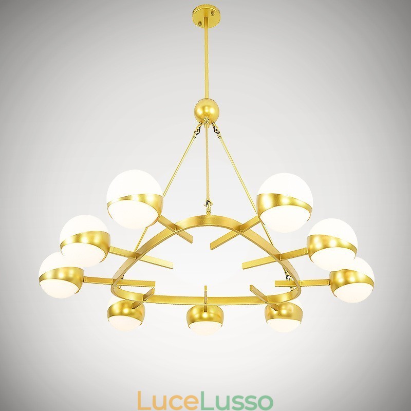 Lampadario a 9 luci in stile nordico moderno e contemporaneo, placcato in rame, con paralume in vetro a sfera bianco e oro