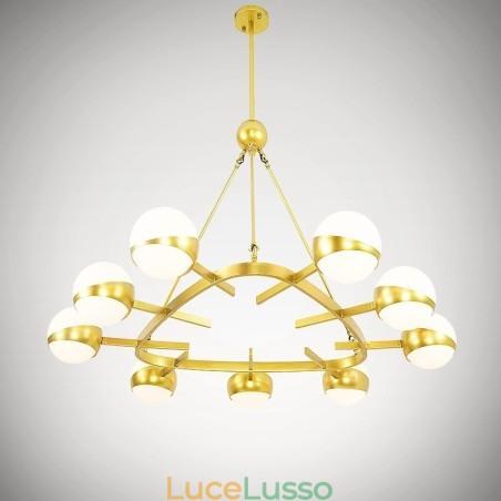 Lampadario a 9 luci in stile nordico moderno e contemporaneo, placcato in rame, con paralume in vetro a sfera bianco e oro Lampadario a 9 luci in stile nordico moderno e contemporaneo, placcato in rame, con paralume in vetro a sfera bianco e oro