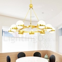 Lampadario a 9 luci in stile nordico moderno e contemporaneo, placcato in rame, con paralume in vetro a sfera bianco e oro