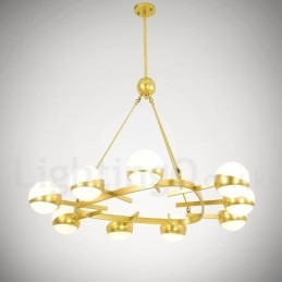 Lampadario a 9 luci in stile nordico moderno e contemporaneo, placcato in rame, con paralume in vetro a sfera bianco e oro