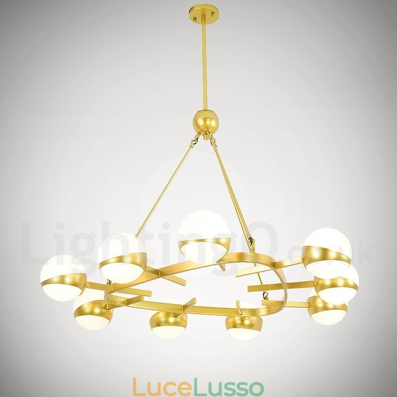 Lampadario a 9 luci in stile nordico moderno e contemporaneo, placcato in rame, con paralume in vetro a sfera bianco e oro