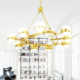 Lampadario a 9 luci in stile nordico moderno e contemporaneo, placcato in rame, con paralume in vetro a sfera bianco e oro