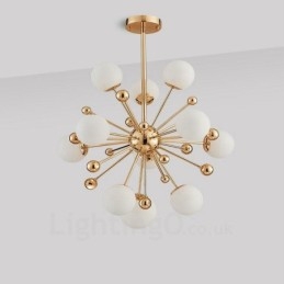 11 luci da soffitto moderne e contemporanee, lampadario placcato in rame con paralume in vetro a sfera bianca