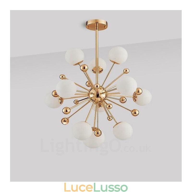 11 luci da soffitto moderne e contemporanee, lampadario placcato in rame con paralume in vetro a sfera bianca