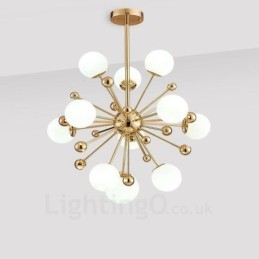11 luci da soffitto moderne e contemporanee, lampadario placcato in rame con paralume in vetro a sfera bianca