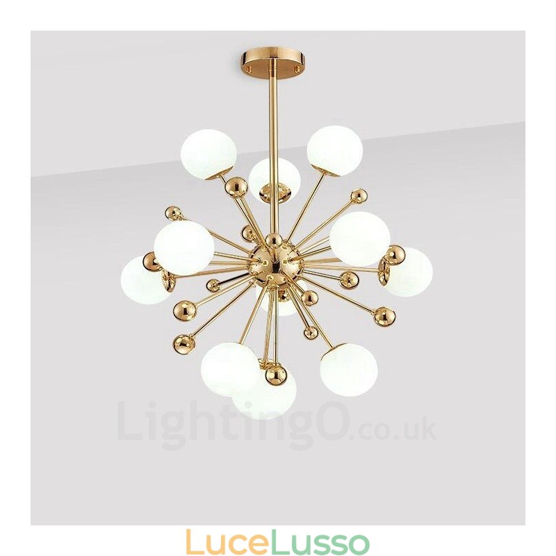 11 luci da soffitto moderne e contemporanee, lampadario placcato in rame con paralume in vetro a sfera bianca