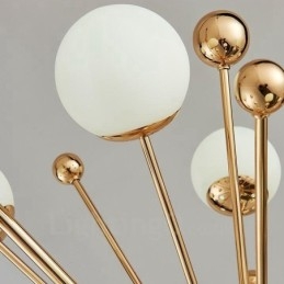 11 luci da soffitto moderne e contemporanee, lampadario placcato in rame con paralume in vetro a sfera bianca